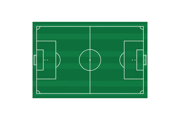 A green soccer field with white lines on a plain background