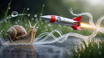 Snail and rocket concept of speed growth innovation and technology