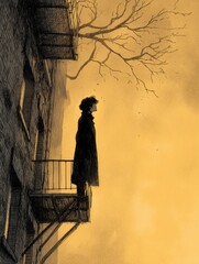 Naklejka premium Figure Stands on Balcony Looking out Over Chaotic Urban Landscape With Old Fashion Illustration Style Background in Muted Colors During Twilight Hours