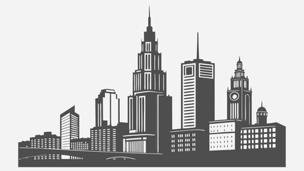 Obraz premium A striking black and white cityscape illustration featuring iconic skyscrapers and a bridge in silhouette