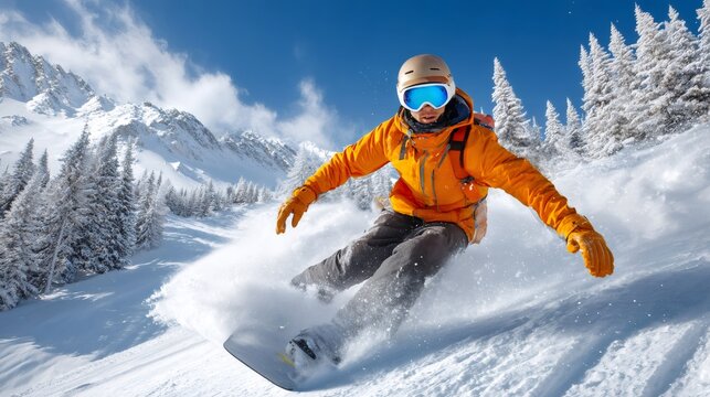 Snowboarder carving fresh powder on mountain ski slope