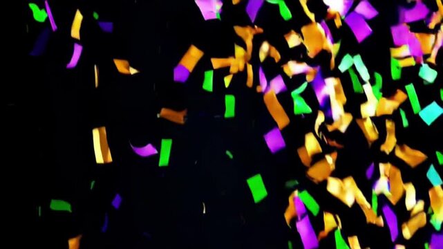 Colorful confetti falling in celebration of mardi gras festival. concept of festive decor, joyful carnival vibes, vibrant party atmosphere.