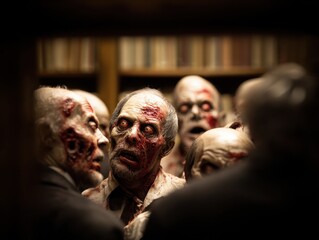 undead literary gathering group of zombies meeting in a spooky library to chat about timeless books