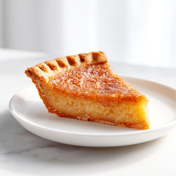 A Delicious Slice of Golden Custard Pie on a White Ceramic Plate Featuring a Crispy Flaky Pastry Crust