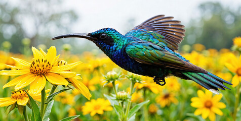 Obraz premium Vibrant Hummingbird in Flight Amidst Bright Yellow Flowers in a Lush Green Field