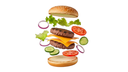Delicious cheeseburger with fresh vegetables and sesame seed bun isolated on transparent background transparent background