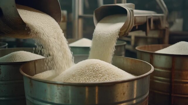 Close-up shot of rice being poured into metal containers in a factory setting.