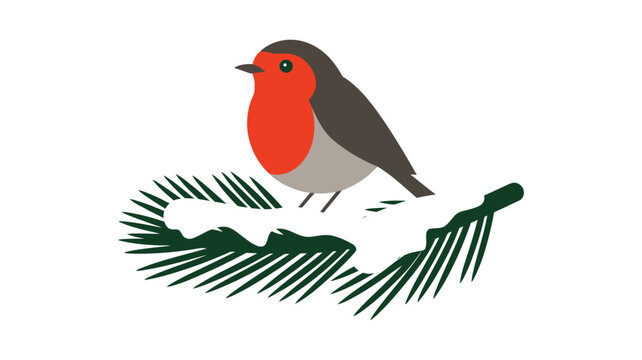 A vibrant red robin perched on a snow-covered pine branch in winter