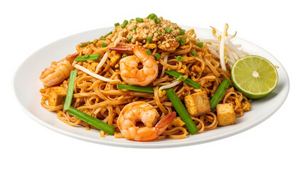Illustration of pad thai noodles with classic ingredients, isolated on white or transparent background, perfect for Thai cuisine concepts, food menus, and restaurant visuals. PNG format.
