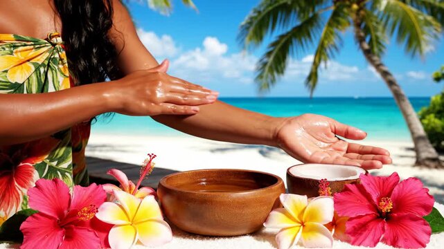 Woman applying lotion on arm with tropical beach background and flowers