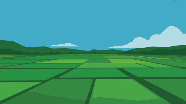 A serene landscape of green fields and hills under a blue sky with clouds