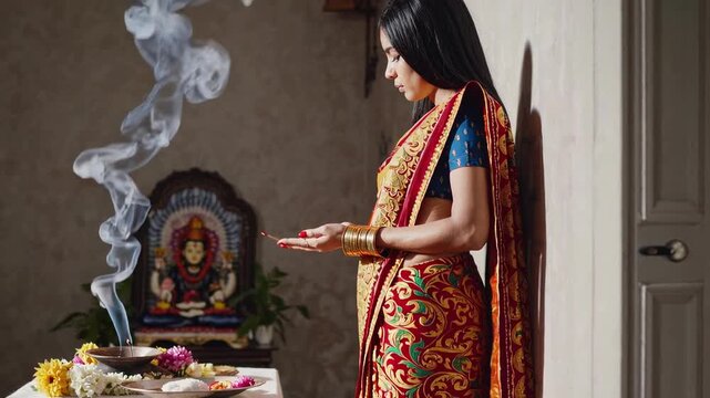 Woman in sari performing traditional Hindu Aarti ritual with incense smoke and offerings for worship, maha shivaratri