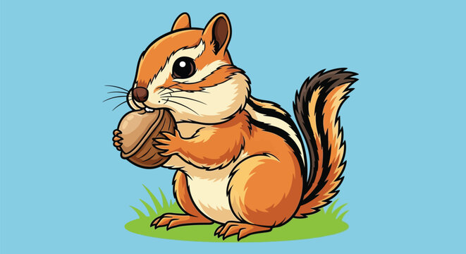 Cute chipmunk holding a large brown nut firmly between its front paws on green grass.