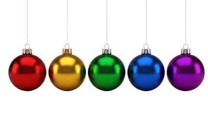 Five colorful shiny Christmas ornaments hanging in a row on transparent background transparent background