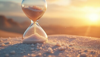 Hourglass with salt flowing in desert at sunset light. Timer shows passage of time, finite resources, eternity, precious moments. Conceptual idea of life duration, cosmic cycles, arid climate