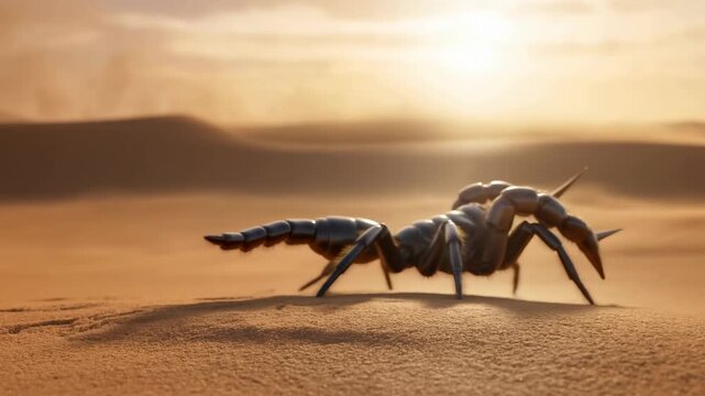 Scorpion traversing misty desert at sunrise with dramatic silhouette
