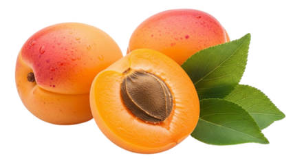 Fresh apricots with one cut open showing pit and leaves isolated on transparent background transparent background