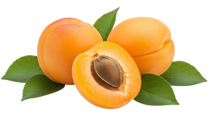 Fresh apricots with one halved showing the pit and leaves on transparent background transparent background