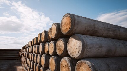 A large outdoor stack of cylindrical concrete or wooden poles under a cloudy blue sky representing construction materials