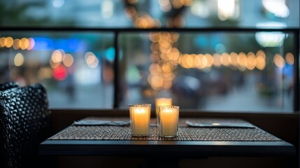 establishment. A cozy restaurant setting with a table for two, illuminated by warm candlelight and soft ambient glow. lifestyle magazines.
