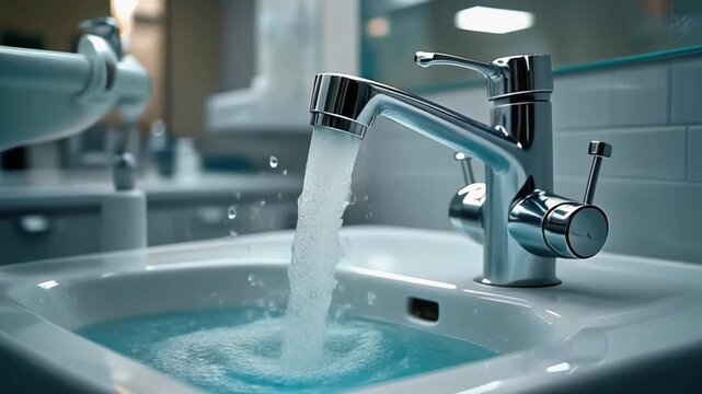 Slow-motion rinse water swirling inside a dental sink with a chrome faucet and crystal-clear droplets, 4K.