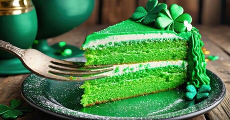 Green cake slice presented on plate. Fork lifting piece. Clover decorations, festive mood. Background includes dark wood, green objects.