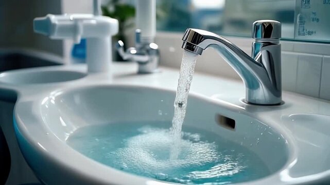 High-quality medical render of a dental porcelain spittoon featuring swirling water and atmospheric studio lighting.