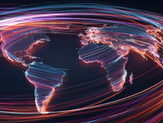 a dynamic world map with vibrant light trails