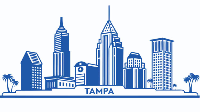 A striking blue skyline illustration showcases the city of tampa florida with a distinctive silhouette