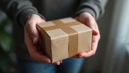 Person holds a sealed cardboard box carefully. Hands carry a package with brown tape across it. The image shows delivery or shipping service. It can be a gift or order from online shop.
