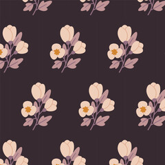 Cream floral seamless pattern, swatch available in swatches panel, soft botanical flowers on dark background