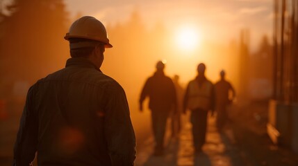 Construction workers walk towards the golden sunset amidst a hazy dust filled atmosphere