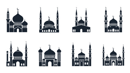 Fototapeta premium A set of mosque silhouettes in a minimalist flat design style on transparent background