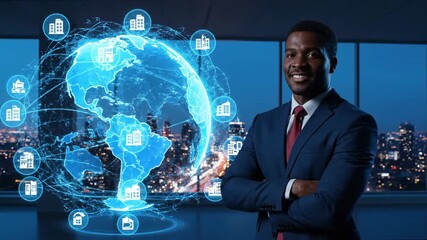 Confident businessman posing with digital globe showcasing global business network against a night cityscape backdrop - Powered by Adobe