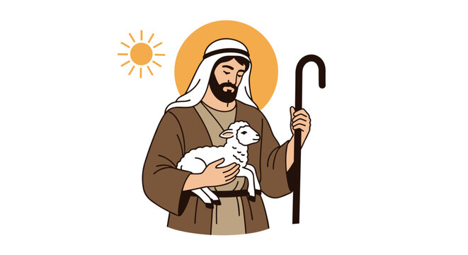 A vector graphic illustration of Jesus Christ holding a lamb and shepherd's staff on transparent background
