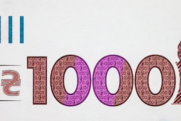 Fragment of Banknote of 1000 hryvnias of Ukraine. Money of Europe and Ukraine.