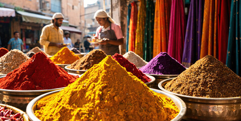 Colorful Powder Piles in Metal Bowls at Outdoor Market with People in Background