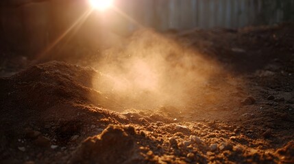 Sunlight illuminates dust rising from mounds of earth outdoors in the early morning