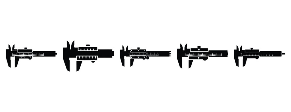 caliper gauge silhouette icon set, solid style, vector illustration