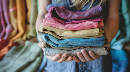 Person Holding a Stack of Folded Multicolored Textiles in Soft Natural Lighting for Fashion or Laundry Concept