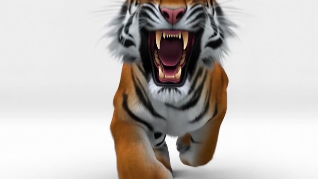 Fierce tiger charging forward with intense roar in dynamic closeup sequence