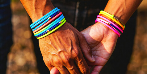 Interconnected Hands Adorned with Colorful Bracelets in Vibrant Hues of Pink, Blue, and Yellow