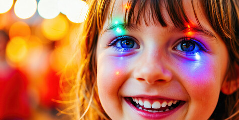 Close-up Portrait of a Smiling Young Girl with Colorful Lights Reflected on Her Face