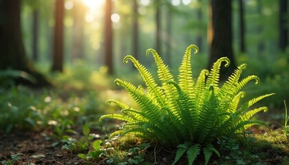 Green fern fronds unfurl their curled tips in sunlit forest floor under dappled light. Verdant plant grows in wild woodland, showing new life and growth. Natural scene with moss and soil.