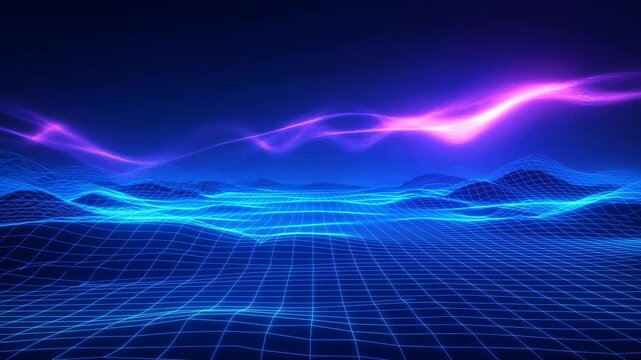 Futuristic neon landscape with glowing waves and grid patterns in dynamic motion