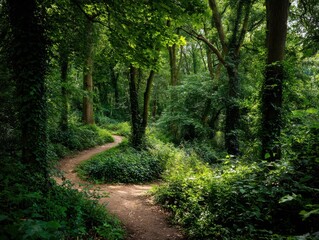 Fototapeta premium sunlit path winding through a dense vibrant woodland