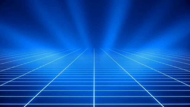 Retro futuristic digital grid with glowing blue lines and perspective depth