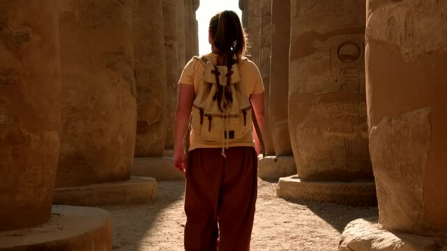 Woman tourist visitor walking between rows of ancient columns at Luxor Temple