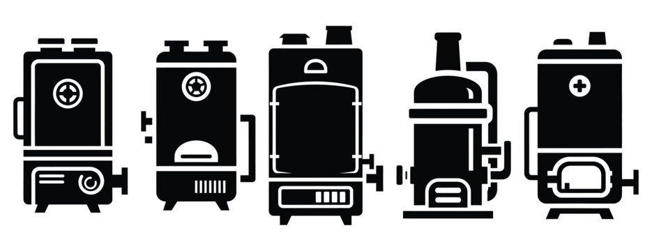 industrial boiler silhouette icon set, solid style, vector illustration