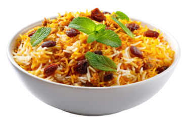 Vibrant biryani dish with fresh mint isolated on transparent background